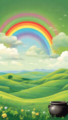 Celebrate St. Patrick's Day with a unique green background, featuring a lush landscape of rolling hills, clovers, and a pot of gold at the end of a rainbow.