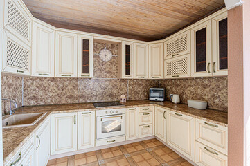 interior kitchen and dining room, refectory area, cooking equipment, table furniture, stove