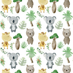 Watercolor seamless pattern with australian animals. Exotic wallpaper for fabric, wrapping paper, etc