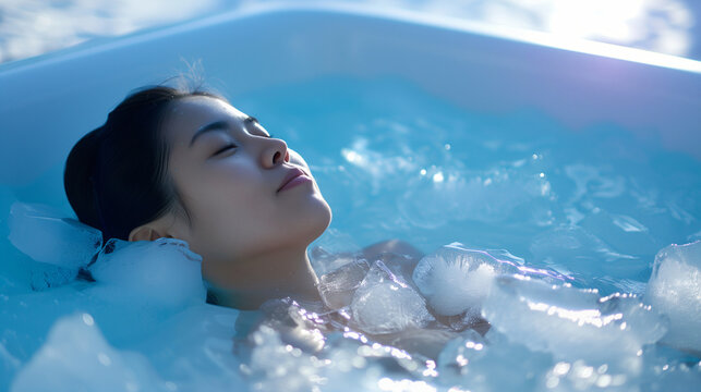 Asian American young woman taking ice bath outside. Hardening.in cold tub
