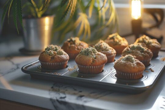 Freshly baked CBD muffins on a baking dish, transferring the warmth and aroma of the kitchen. 