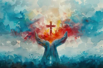 Foto op Plexiglas Watercolor illustration of hands with a cross in the sky and clouds © krishnendu