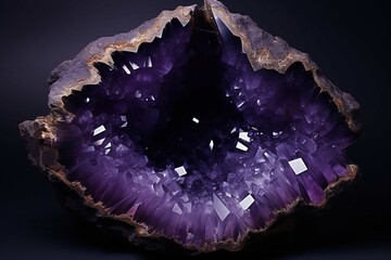 Obraz premium Amethyst geode half opened, revealing deep purple crystals