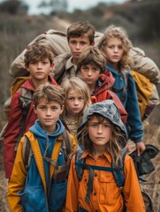 Group of Children With Backpacks Standing in a Field