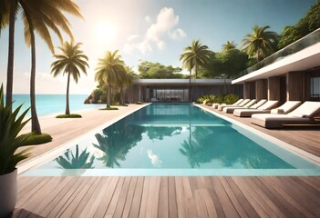 Fototapeta na wymiar Luxurious beachfront resort swimming pool with tropical landscape. AI generated