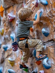 Young Boy Climbing Rock Wall