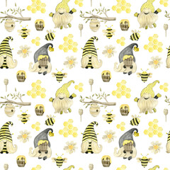 Watercolor seamless pattern with bees and gnomes.