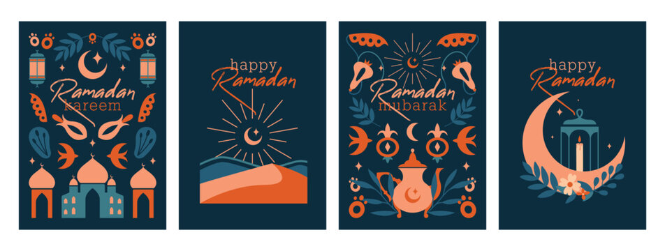 Happy Ramadan. Ramadan Kareem. Set of islamic cards, banners, templates with greeting, vector modern illustrations of mosque, crescent, lantern, lamp, plants, moon, floral ornament on dark background.