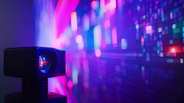 An extreme closeup of a projector displaying a colorful data visualization onto a blank wall symbolizing the power and impact of data ysis in driving efficiency and productivity