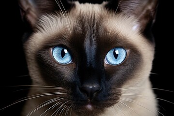 Close-up of a Siamese cat's blue almond-shaped eyes against a black background - obrazy, fototapety, plakaty