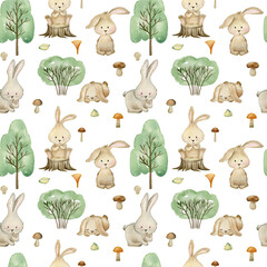 Fototapeta premium Watercolor cute seamless pattern with bunnies. Hand drawn illustration for fabric, wrapping paper, etc.