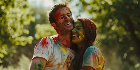 Couple covered with colorful Holi powder hugging joyfully at Holi festival - obrazy, fototapety, plakaty