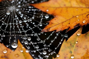 Close-up of dewdrops on a spider web interwoven with autumn leaves