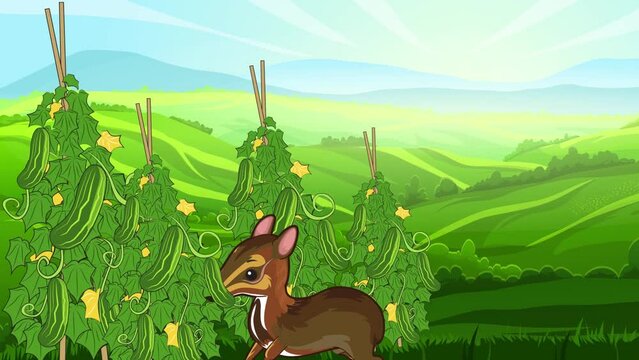 2d animation cartoon Little Mouse deer steal cucumbers in the garden illustration 