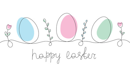 Easter greeting card with eggs and flowers. Line art. Vector illustration