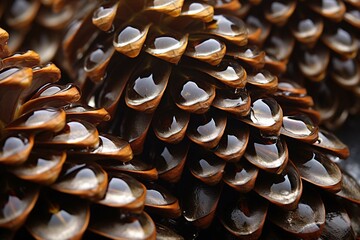 Close-up of pine cone scales with sap droplets