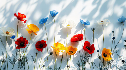 Top view of fresh red poppies, blue and yellow wildflowers. Light background. Boho style. Generative AI
