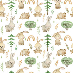 Watercolor seamless pattern with cute bunnies. Hand drawn illustration for fabric, wrapping paper, etc.