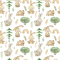 Obraz premium Watercolor seamless pattern with cute bunnies. Hand drawn illustration for fabric, wrapping paper, etc.