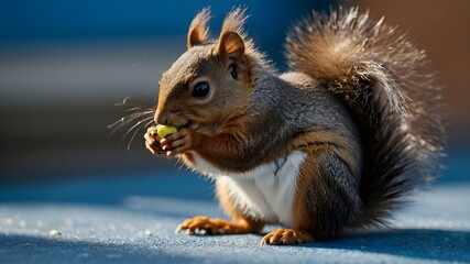 Obraz premium A small brown squirrel is sitting on a blue surface, eating nuts off of it. The squirrel has a large bushy tail and is holding the nut in its mouth while enjoying the snack.