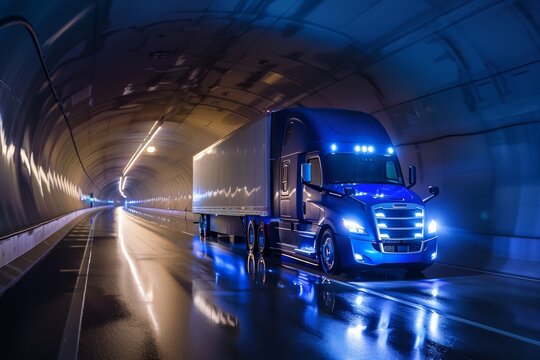 A sleek blue semi truck driving through a tunnel, lights reflecting on the wet road.