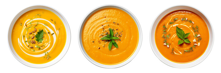 Set of spicy pumpkin soup isolated on a transparent background.