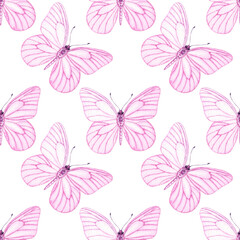 Watercolour Butterflies with pink wings illustration seamless pattern. Hand-painted elements insect. Hand drawn delicate insects. On white background. For decoration, postcard, fabric, wrapping paper