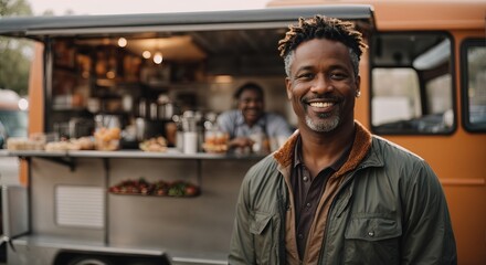 Obraz premium Happy black male business owner posing near her food truck
