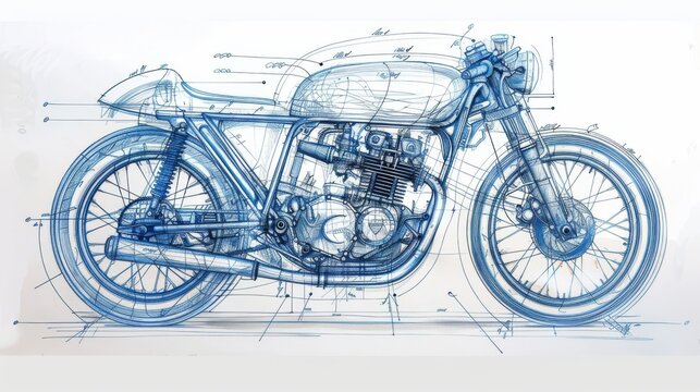 Detailed Blueprint Drawing of Classic Caf Racer Motorcycle