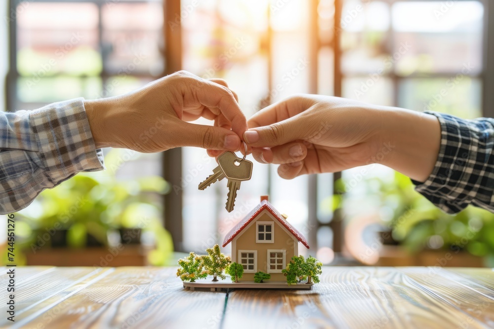 Aufkleber hands exchanging a house key with a small model house on a table in the background.