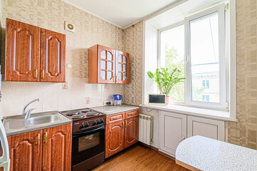 interior kitchen and dining room, refectory area, cooking equipment, table furniture, stove