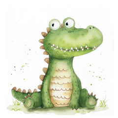 Watercolor illustration of a cheerful crocodile with a wide smile standing upright