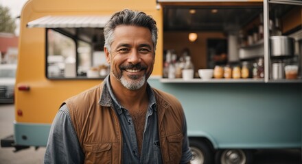 Obraz premium Happy western male business owner posing near her food truck