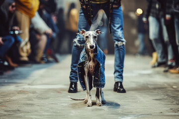 Funny greyhound dog parading on a fashion catwalk - obrazy, fototapety, plakaty