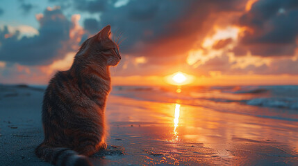 cat sitting at a beach at sunset