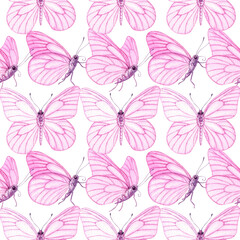 Watercolour Butterflies with pink wings illustration seamless pattern. On white background. Hand-painted elements insect. Hand drawn delicate insects. For decoration, postcard, fabric, sketchbook