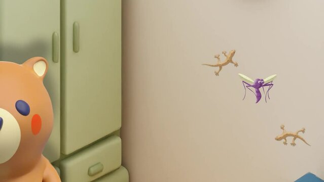 3D animated video of a room with funny bear dancing and house lizard catching a mosquitoes with its tongue