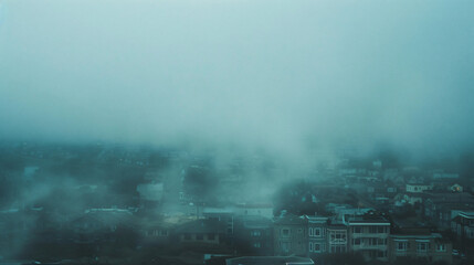 A dense fog rolling in over a coastal town obscuring the view.