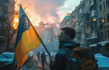 Young Person with Ukrainian Flag on City Street
