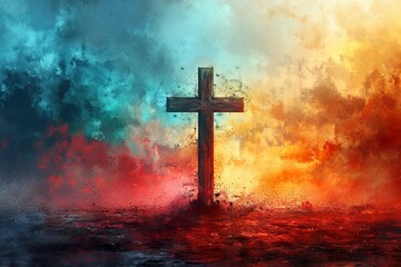Cross of Jesus Christ on a colorful watercolor background. Illustration - obrazy, fototapety, plakaty