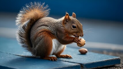 A small brown squirrel is sitting on a blue surface, eating nuts off of it. The squirrel has a large bushy tail and is holding the nut in its mouth while enjoying the snack.