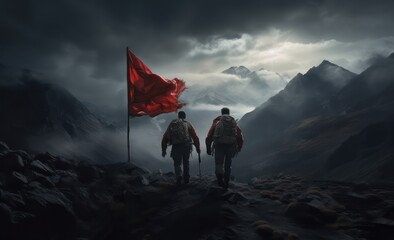 Two mountain climbers with a large red flag during a storm in the mountains. - obrazy, fototapety, plakaty