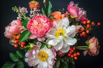 Vibrant bouquet of mixed flowers featuring peonies and berries on a dark background.