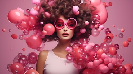 portrait of a beautiful glamorous woman in sunglasses against the background of air balloons