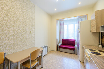 interior kitchen and dining room, refectory area, cooking equipment, table furniture, stove