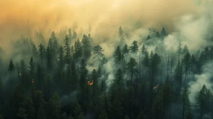 Foto op Canvas Wild forest fire. Burned trees after forest fires, lots of smoke. Natural disasters concept. Aerial view. Generative AI © AngrySun