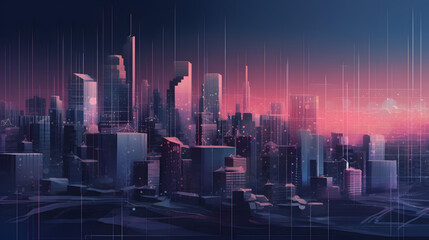  a cityscape with an illustration of financial indicators