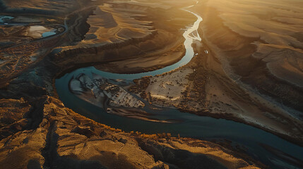 A dramatic aerial view of a meandering river through a desert landscape at sunset.
