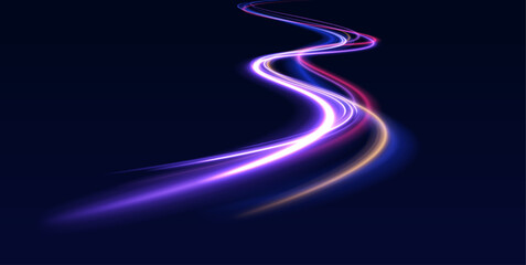 Neon color glowing lines background, high-speed light trails effect. Expressway, the effect of car headlights. Low-poly construction of fine lines. Sport car is made of polygons.