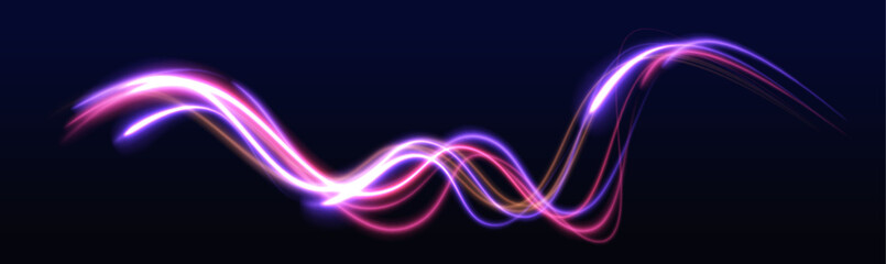 Light and stripes moving fast over dark background. Concept of leading in business, Hi tech products, warp speed wormhole science vector design. Abstract neon light rays background. 